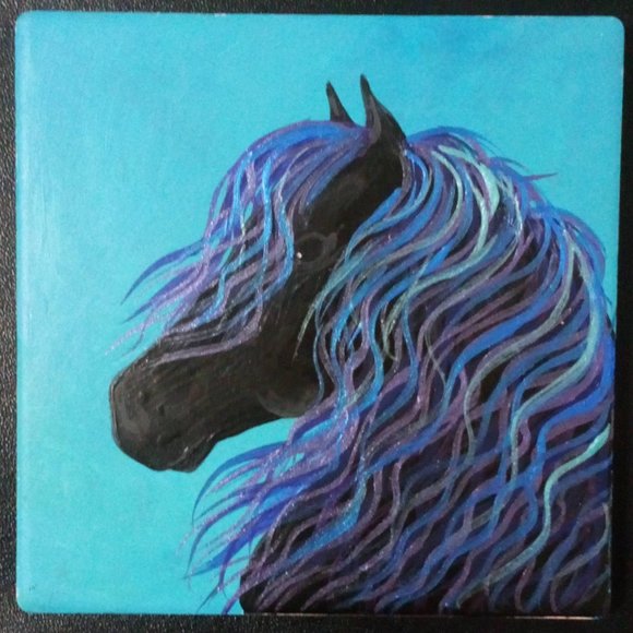 Hand Crafted Painted Cerulean Blue Metallic Horses Coasters Home Decor Interior - Picture 5 of 6